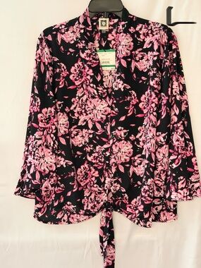 Anne Klein Black Blouse with Pink Floral Tie-Front